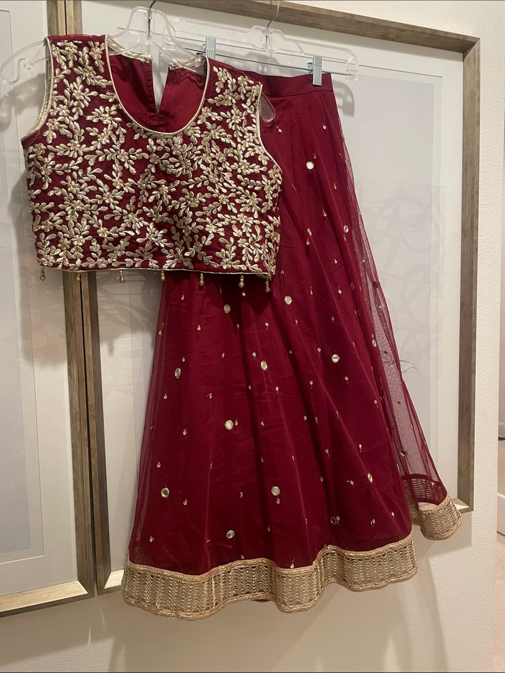 Brand new Girls Maroon Embroidered Indian Lehenga Choli and dupatta